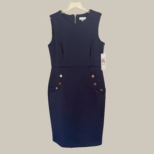 NWT CALVIN KLEIN Women's Navy Blue Dress w Gold Button Detail Zip Back SIZE 12